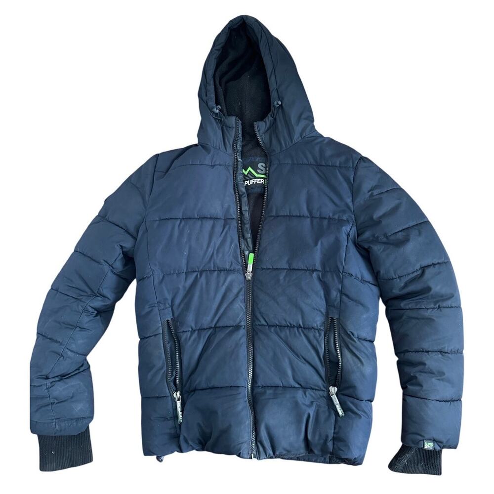 Superdry Sports Puffer Jacket Navy Blue Hooded Zip Fleece Lined Medium